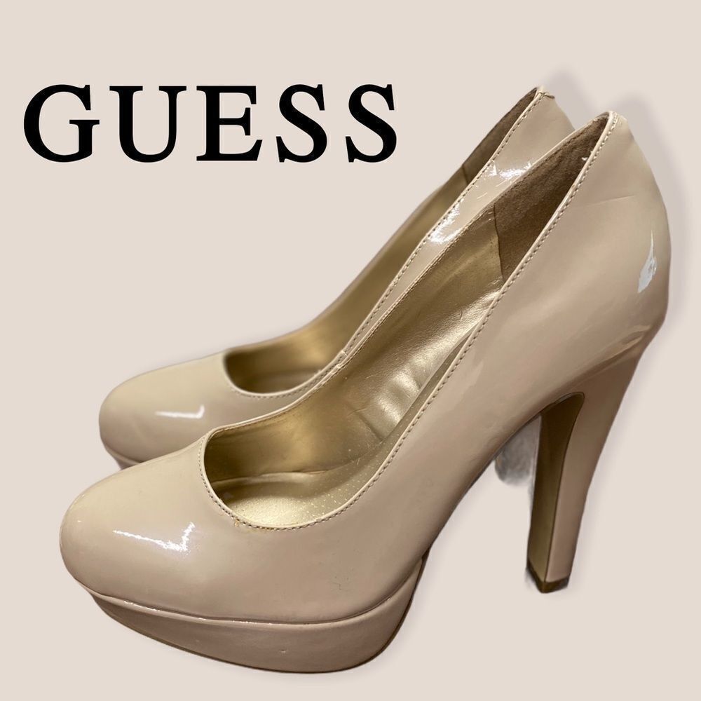 Guess Beige Patent Platform Heels 6